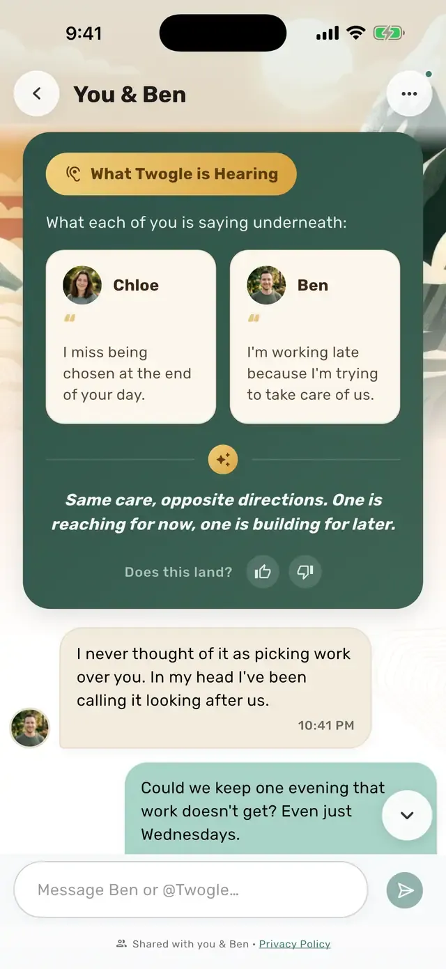 A shared Twogle chat where both partners see what each is really saying