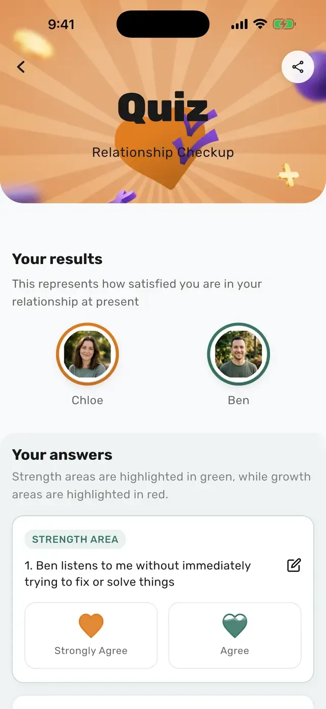 Quiz results in Twogle showing both partners and a strength area with each answer side by side