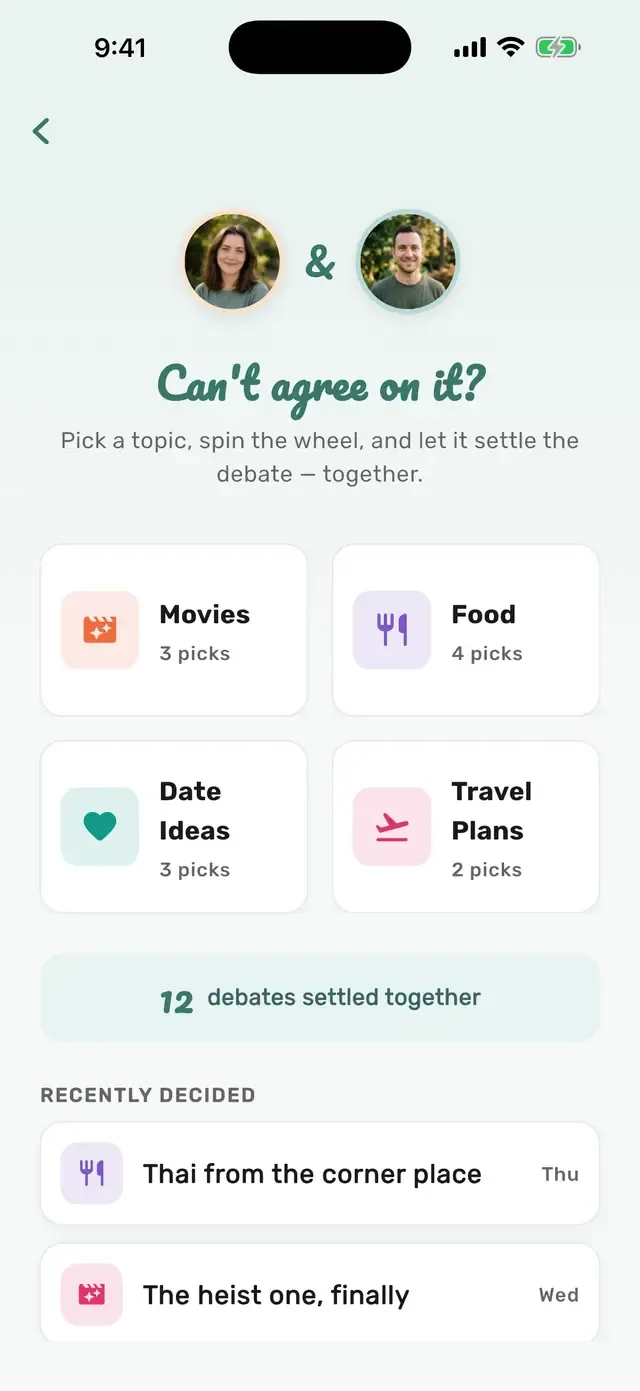 The Settle It screen in Twogle with topic categories and a count of debates settled together