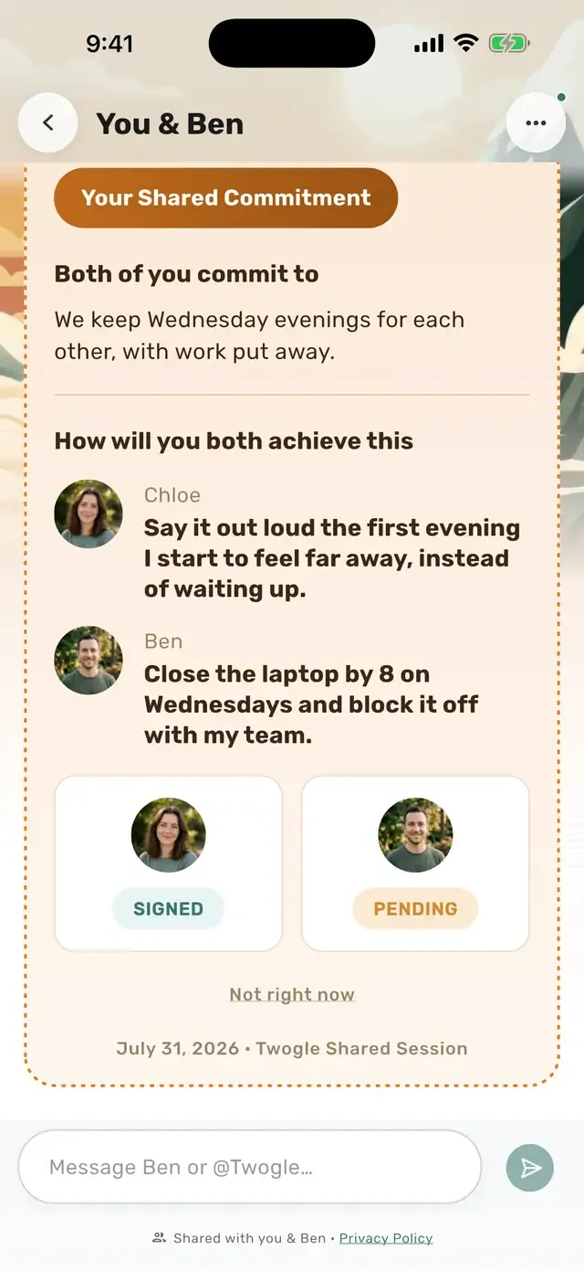 A shared commitment card in Twogle with a plan both partners sign
