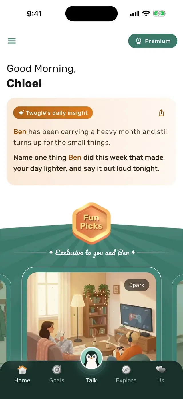 The Twogle home screen with the morning insight written for the two of you